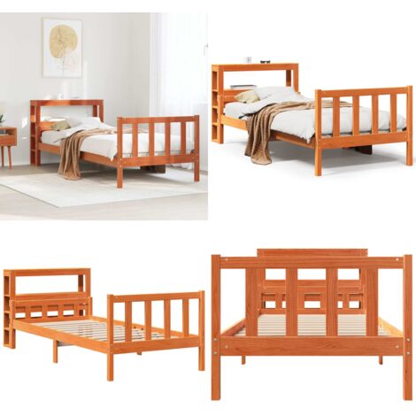 Estructura cama con cabecero madera pino marrón cera 75x190 cm - Estructura de cama - Cabecero de cama
