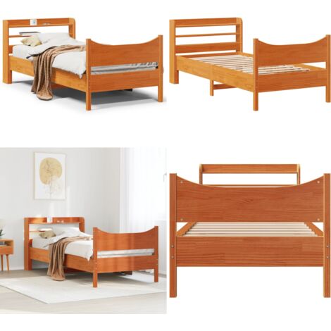 Estructura cama con cabecero madera pino marrón cera 75x190 cm - Estructura de cama - Cabecero de madera