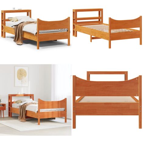 Estructura cama con cabecero madera pino marrón cera 75x190 cm - Estructura de cama - Cabecero de madera