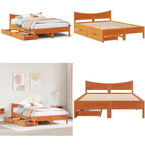 Estructura cama con cajones madera pino marrón cera 140x190 cm - Estructura de cama - Cama de madera