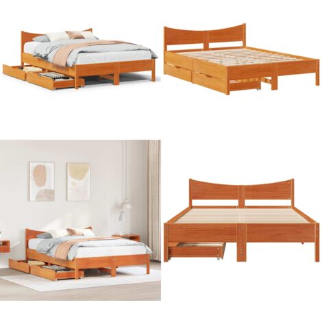 Estructura cama con cajones madera pino marrón cera 150x200 cm - Estructura de cama - Cama de madera