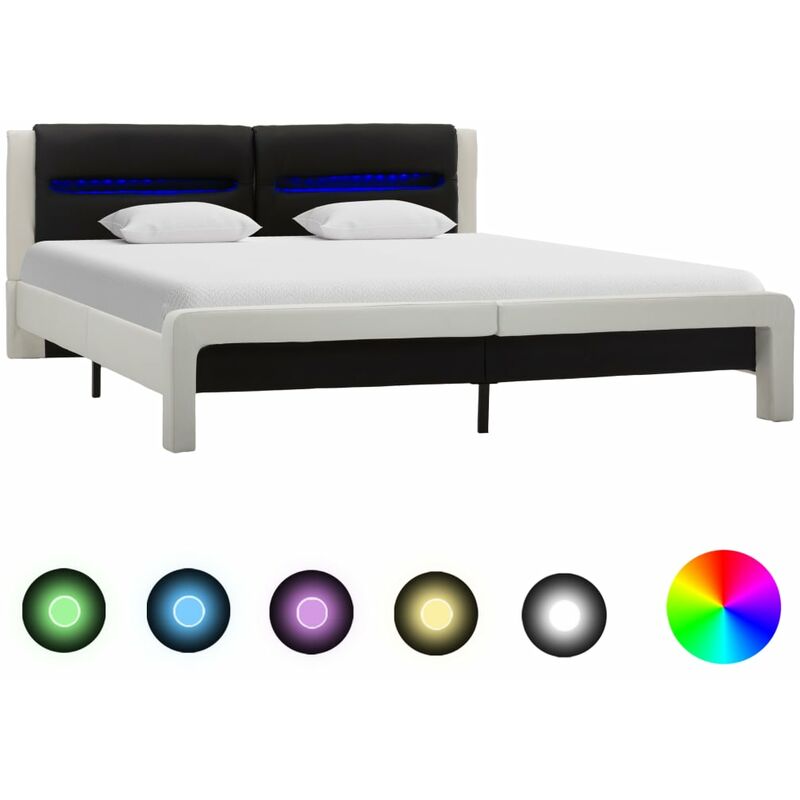 

Estructura cama con LED cuero sintético blanco negro 180x200 cm