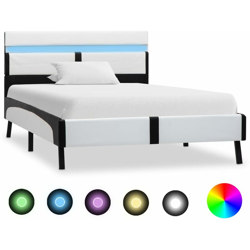 

Estructura cama con LED cuero sintético blanco negro 90x200 cm