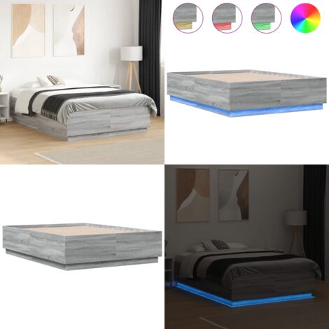 Estructura cama con luces LED madera gris Sonoma 135x190 cm - Estructura de cama - Cama con luces RGB