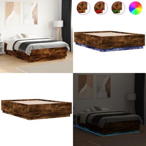 Estructura cama con luces LED madera roble ahumado 135x190 cm - Estructura de cama - Madera de ingeniería
