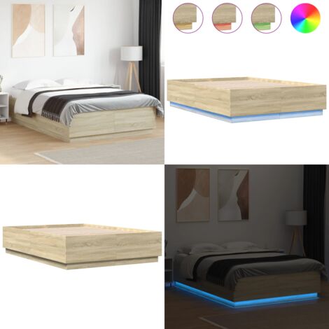 Estructura cama con luces LED madera roble Sonoma 120x200 cm - Estructura de cama - Madera de ingeniería