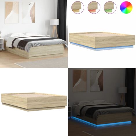 Estructura cama con luces LED madera roble Sonoma 150x200 cm - Estructura de cama - Madera de ingeniería
