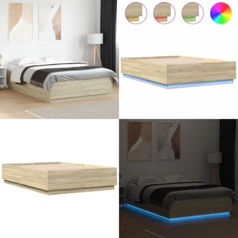 Estructura cama con luces LED madera roble Sonoma 160x200 cm - Estructura de cama - Madera de ingeniería