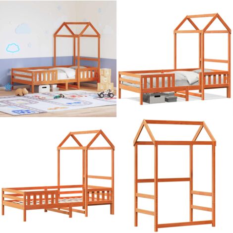 Estructura cama con techo madera maciza pino marrón 90x190 cm - Estructura de cama - Cama infantil