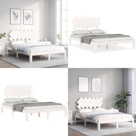 Estructura cama de matrimonio con cabecero madera maciza blanco - Estructura de cama - Cabecero de cama