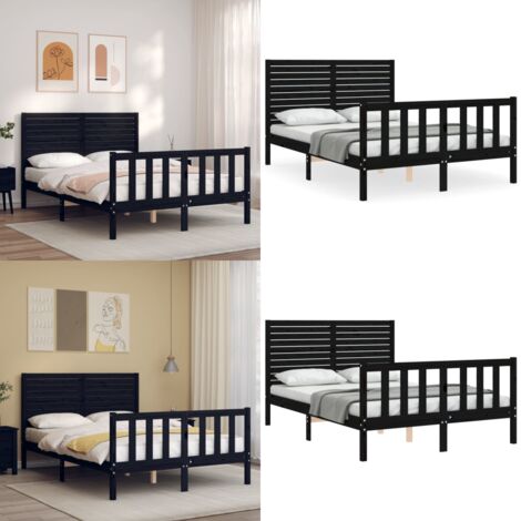 Estructura cama de matrimonio con cabecero madera maciza negro - Estructura de cama - Cabecero de cama