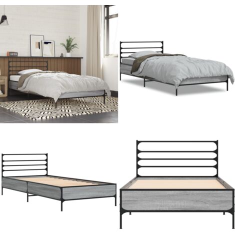 Estructura cama madera ingeniería metal gris Sonoma 100x200 cm - Estructura de cama - Cama de madera contrachapada