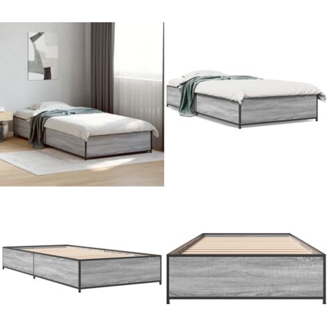 Estructura cama madera ingeniería metal gris Sonoma 100x200 cm - Estructura de cama - Cama de madera contrachapada