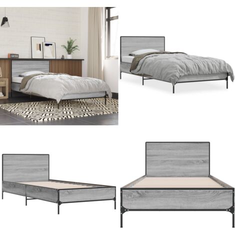 Estructura cama madera ingeniería metal gris Sonoma 100x200 cm - Estructura de cama - Cama de madera contrachapada