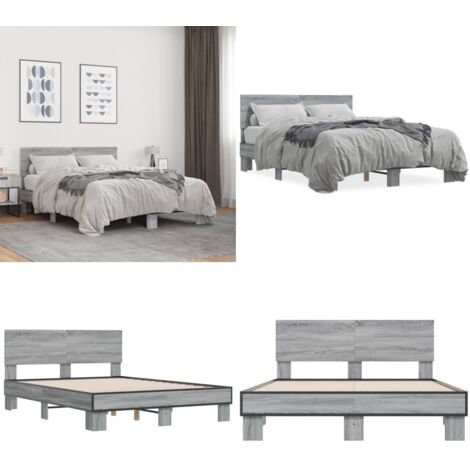 Estructura cama madera ingeniería metal gris Sonoma 135x190 cm - Estructura de cama - Cama de madera contrachapada