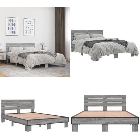 Estructura cama madera ingeniería metal gris Sonoma 140x200 cm - Estructura de cama - Cama de metal