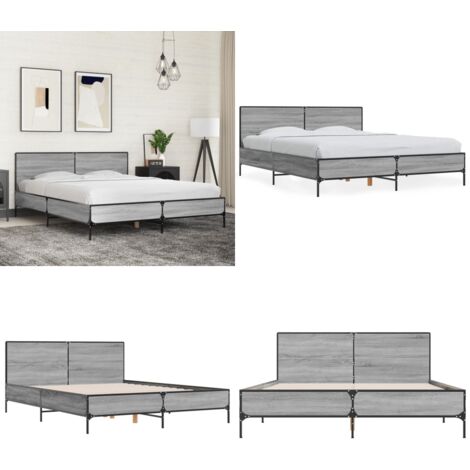 Estructura cama madera ingeniería metal gris Sonoma 150x200 cm - Estructura de cama - Cama de madera contrachapada