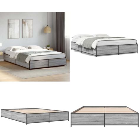Estructura cama madera ingeniería metal gris Sonoma 150x200 cm - Estructura de cama - Cama de madera contrachapada