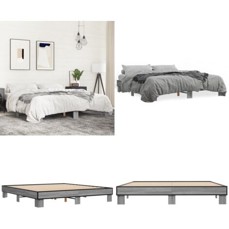 Estructura cama madera ingeniería metal gris Sonoma 200x200 cm - Estructura de cama - Cama de madera contrachapada