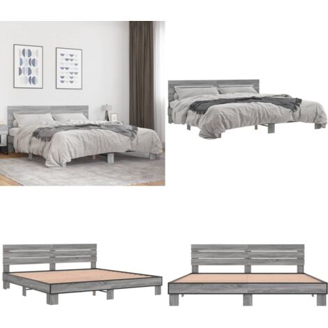 Estructura cama madera ingeniería metal gris Sonoma 200x200 cm - Estructura de cama - Cama de madera contrachapada