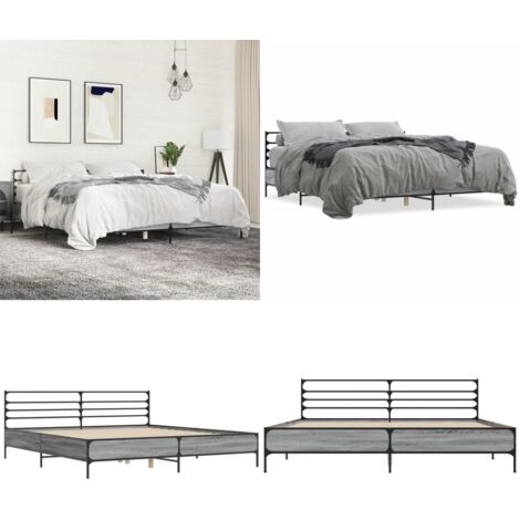 Estructura cama madera ingeniería metal gris Sonoma 200x200 cm - Estructura de cama - Soporte para la espalda