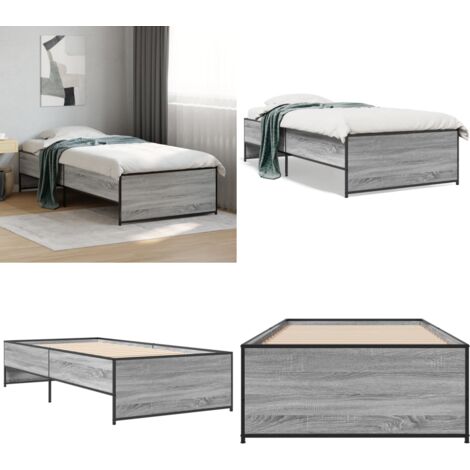 Estructura cama madera ingeniería metal gris Sonoma 75x190 cm - Estructura de cama - Cama de ingeniería