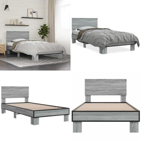 Estructura cama madera ingeniería metal gris Sonoma 75x190 cm - Estructura de cama - Cama de madera contrachapada