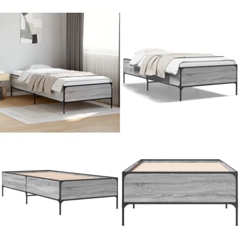 Estructura cama madera ingeniería metal gris Sonoma 75x190 cm - Estructura de cama - Cama de madera contrachapada