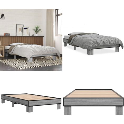 Estructura cama madera ingeniería metal gris Sonoma 75x190 cm - Estructura de cama - Cama de madera contrachapada