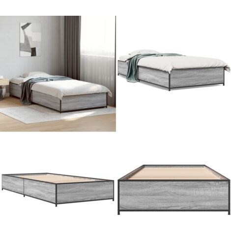 Estructura cama madera ingeniería metal gris Sonoma 90x190 cm - Estructura de cama - Cama de madera contrachapada