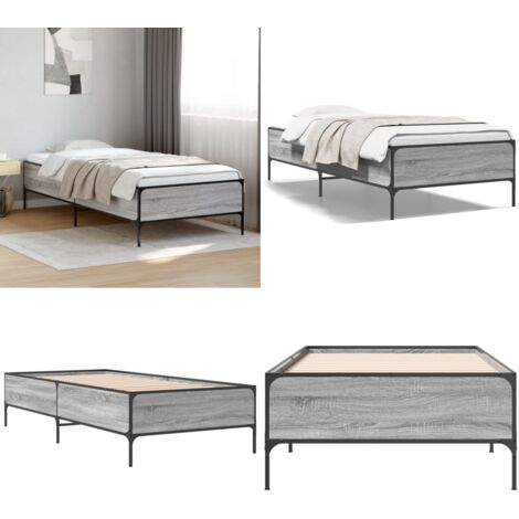 Estructura cama madera ingeniería metal gris Sonoma 90x190 cm - Estructura de cama - Cama de metal