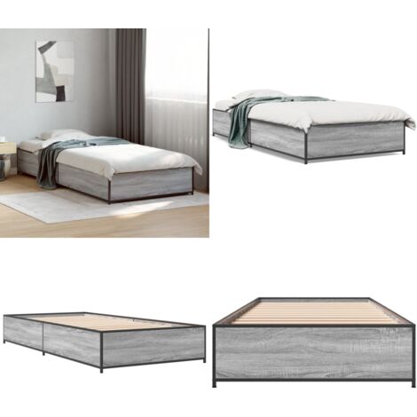 Estructura cama madera ingeniería metal gris Sonoma 90x200 cm - Estructura de cama - Cama de madera contrachapada