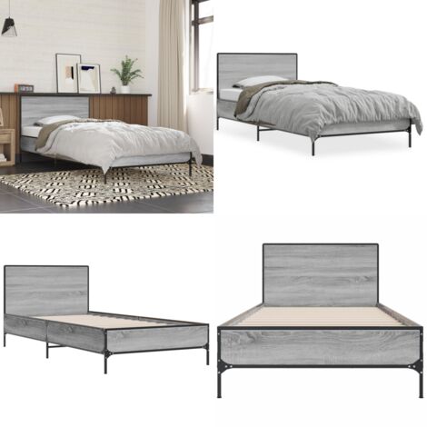 Estructura cama madera ingeniería metal gris Sonoma 90x200 cm - Estructura de cama - Cama de madera contrachapada