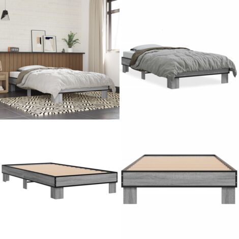Estructura cama madera ingeniería metal gris Sonoma 90x200 cm - Estructura de cama - Cama de madera contrachapada