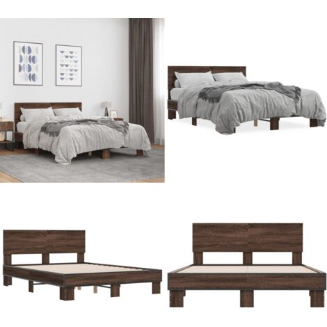 Estructura cama madera ingeniería metal marrón roble 120x200 cm - Estructura de cama - Cama de madera contrachapada