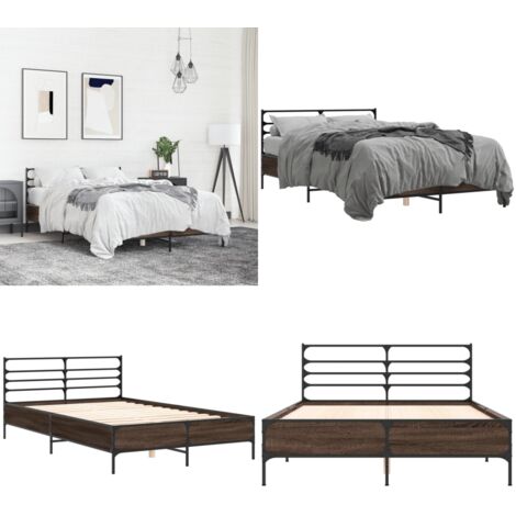 Estructura cama madera ingeniería metal marrón roble 135x190 cm - Estructura de cama - Cama de madera contrachapada