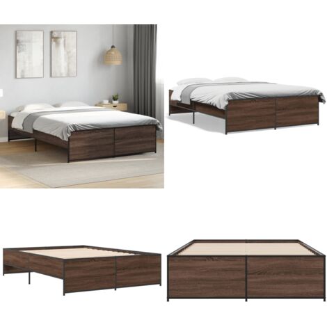 Estructura cama madera ingeniería metal marrón roble 135x190 cm - Estructura de cama - Cama de madera contrachapada