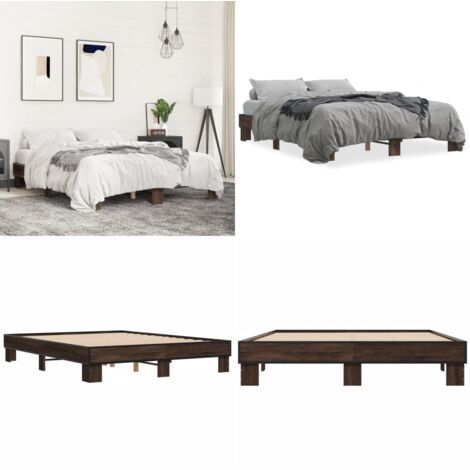 Estructura cama madera ingeniería metal marrón roble 150x200 cm - Estructura de cama - Cama de madera contrachapada