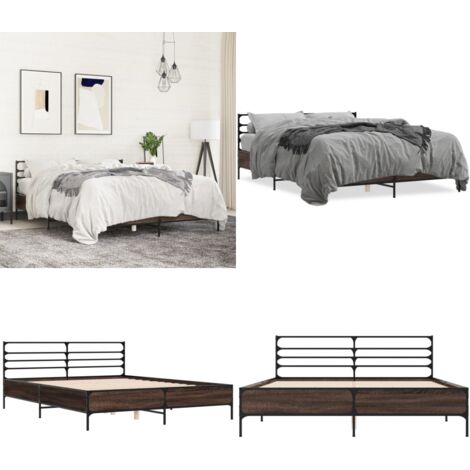 Estructura cama madera ingeniería metal marrón roble 160x200 cm - Estructura de cama - Cama de madera contrachapada