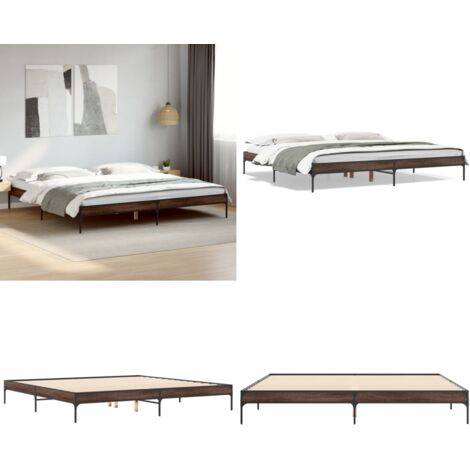Estructura cama madera ingeniería metal marrón roble 200x200 cm - Estructura de cama - Cama de madera contrachapada