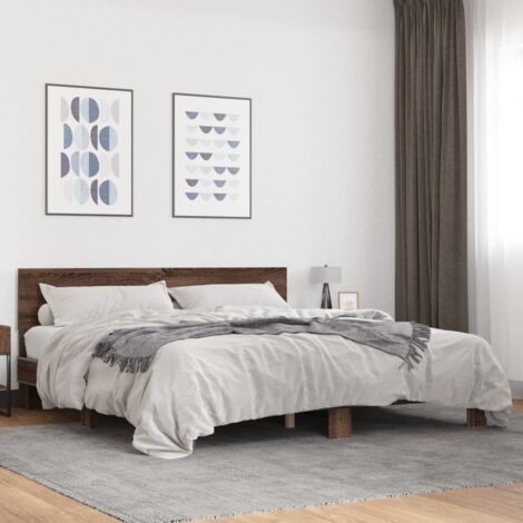 Estructura cama madera ingeniería metal marrón roble 200x200 cm vidaXL