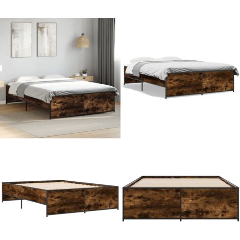 Estructura cama madera ingeniería metal roble ahumado 120x190cm - Estructura de cama - Cama de ingeniería