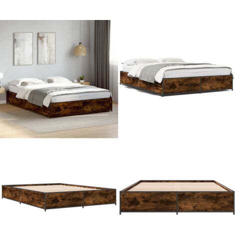 Estructura cama madera ingeniería metal roble ahumado 120x190cm - Estructura de cama - Cama de ingeniería