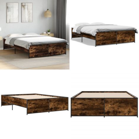 Estructura cama madera ingeniería metal roble ahumado 120x200cm - Estructura de cama - Cama de ingeniería