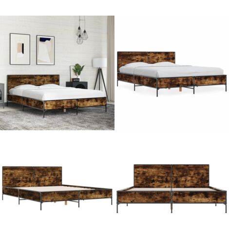 Estructura cama madera ingeniería metal roble ahumado 120x200cm - Estructura de cama - Cama de ingeniería