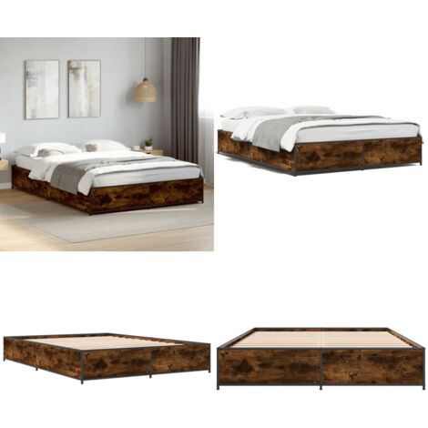 Estructura cama madera ingeniería metal roble ahumado 120x200cm - Estructura de cama - Cama de ingeniería