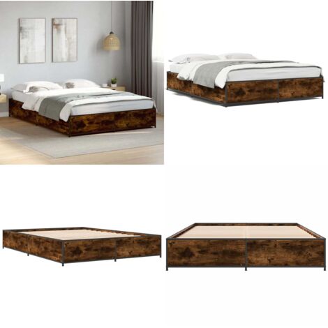 Estructura cama madera ingeniería metal roble ahumado 135x190cm - Estructura de cama - Cama de ingeniería