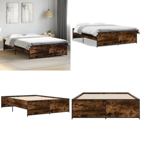 Estructura cama madera ingeniería metal roble ahumado 135x190cm - Estructura de cama - Cama de ingeniería