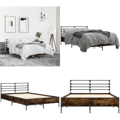 Estructura cama madera ingeniería metal roble ahumado 135x190cm - Estructura de cama - Cama de metal