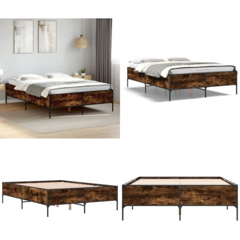 Estructura cama madera ingeniería metal roble ahumado 140x200cm - Estructura de cama - Cama de ingeniería